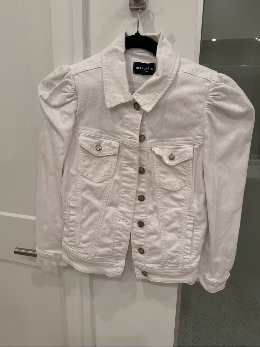 Retrofête Ada White Puff Sleeve Denim Jacket Designer Jacket Size Small